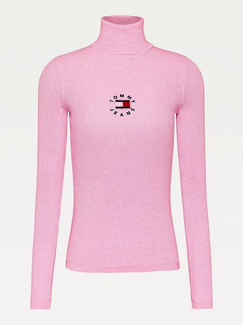 Tommy Hilfiger Logo Embroidery Ribbed Roll Neck Jumper Kazak Kadın Pembe | TH194UTC