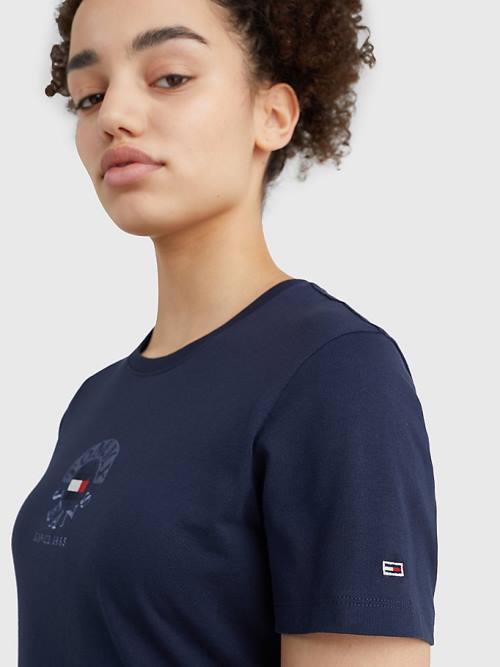 Tommy Hilfiger Logo Embroidery Slim Fit Tişört Kadın Mavi | TH723BFK