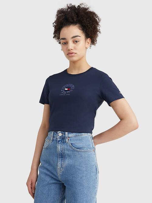 Tommy Hilfiger Logo Embroidery Slim Fit Tişört Kadın Mavi | TH723BFK