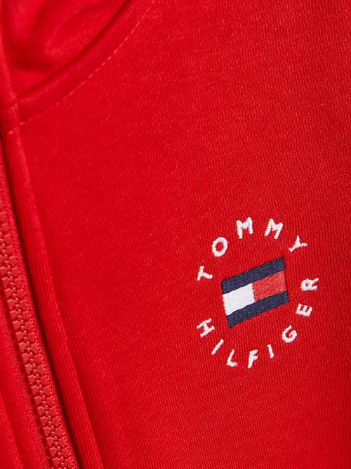 Tommy Hilfiger Logo Embroidery Zip-Thru Kapüşonlu Sweatshirt Erkek Çocuk Kırmızı | TH895KDT