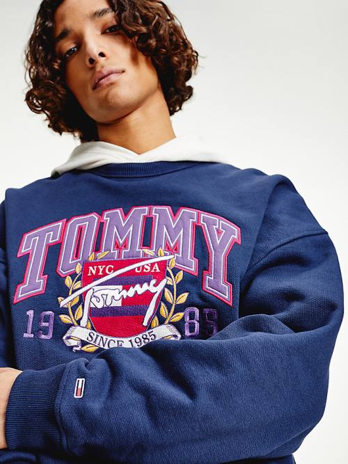 Tommy Hilfiger Logo Fleece Sweatshirt Erkek Mavi | TH059GCS