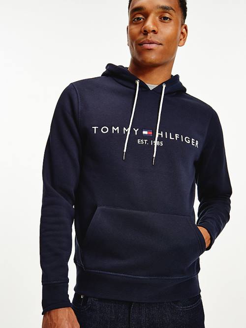 Tommy Hilfiger Logo Flex Fleece Kapüşonlu Sweatshirt Erkek Mavi | TH893VAD