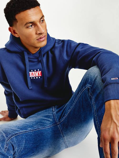 Tommy Hilfiger Logo Kapüşonlu Sweatshirt Erkek Mavi | TH217JCN