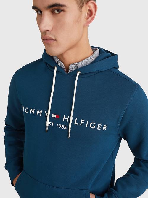 Tommy Hilfiger Logo Kapüşonlu Sweatshirt Erkek Mavi | TH523WSD