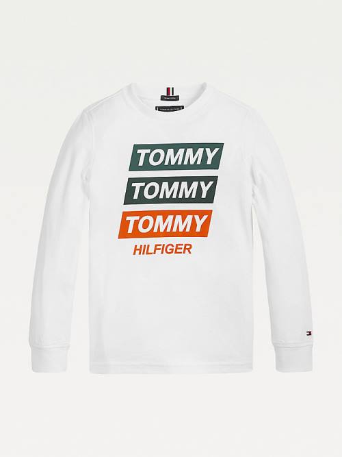 Tommy Hilfiger Logo Long Sleeve Organic Pamuklu Tişört Erkek Çocuk Beyaz | TH257LYA