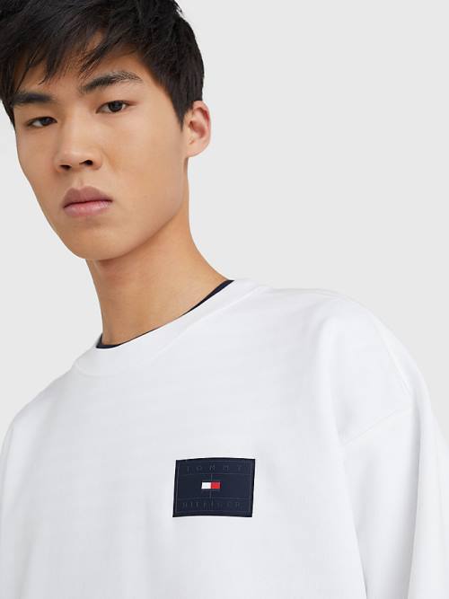 Tommy Hilfiger Logo Print Crew Neck Sweatshirt Erkek Beyaz | TH238ZXB