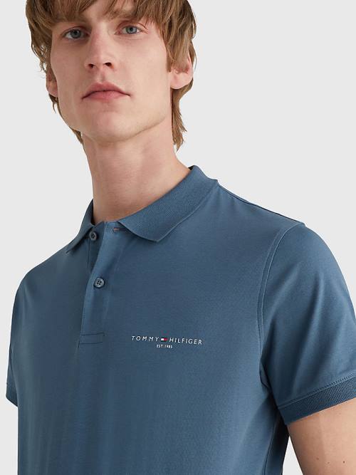 Tommy Hilfiger Logo Slim Fit Polo Yaka Tişört Erkek Mavi | TH903YPL