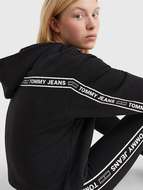 Tommy Hilfiger Logo Tape Cropped Boxy Sweatshirt Kadın Siyah | TH729TAM