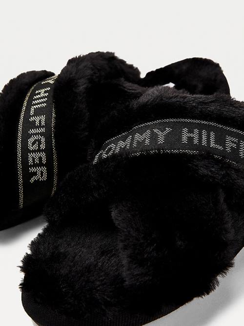 Tommy Hilfiger Logo Tape Faux Fur Terlik Kadın Siyah | TH278YSA