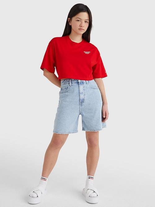 Tommy Hilfiger Logo Tape Oversized Cropped Tişört Kadın Kırmızı | TH962NJC