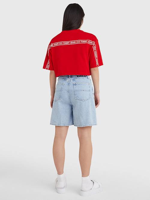 Tommy Hilfiger Logo Tape Oversized Cropped Tişört Kadın Kırmızı | TH962NJC