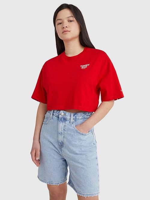 Tommy Hilfiger Logo Tape Oversized Cropped Tişört Kadın Kırmızı | TH962NJC