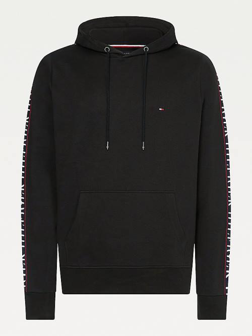 Tommy Hilfiger Logo Tape Zip-Thru Kapüşonlu Sweatshirt Erkek Siyah | TH965YSL