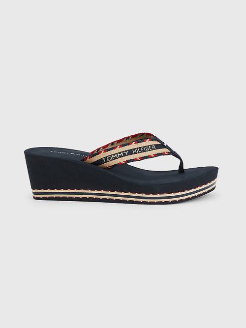 Tommy Hilfiger Logo Webbing High Wedge Flip-Flops Sandalet Kadın Mavi | TH076UQC