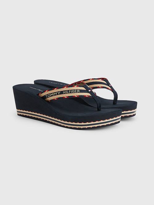 Tommy Hilfiger Logo Webbing High Wedge Flip-Flops Sandalet Kadın Mavi | TH076UQC