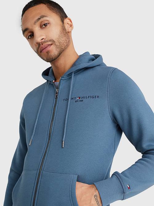 Tommy Hilfiger Logo Zip-Thru Kapüşonlu Sweatshirt Erkek Mavi | TH124OMN