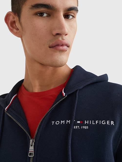 Tommy Hilfiger Logo Zip-Thru Kapüşonlu Sweatshirt Erkek Mavi | TH769MWC