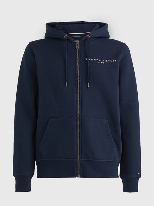 Tommy Hilfiger Logo Zip-Thru Kapüşonlu Sweatshirt Erkek Mavi | TH769MWC