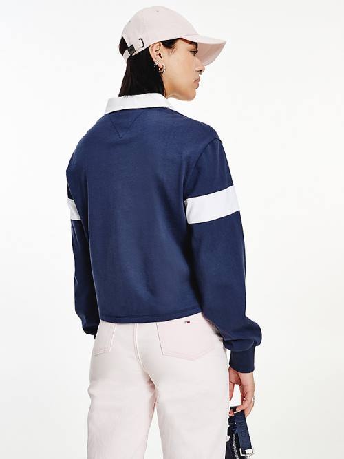 Tommy Hilfiger Long Sleeve Cropped Stripe Rugby Shirt Polo Yaka Tişört Kadın Mavi | TH913FDN