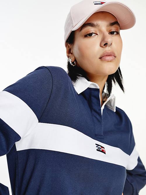 Tommy Hilfiger Long Sleeve Cropped Stripe Rugby Shirt Polo Yaka Tişört Kadın Mavi | TH913FDN