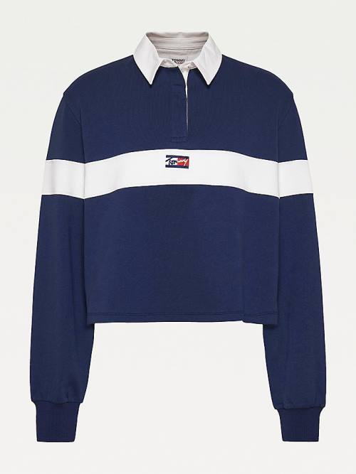 Tommy Hilfiger Long Sleeve Cropped Stripe Rugby Shirt Polo Yaka Tişört Kadın Mavi | TH913FDN