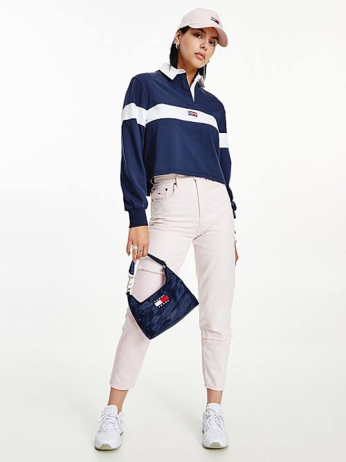 Tommy Hilfiger Long Sleeve Cropped Stripe Rugby Shirt Polo Yaka Tişört Kadın Mavi | TH913FDN