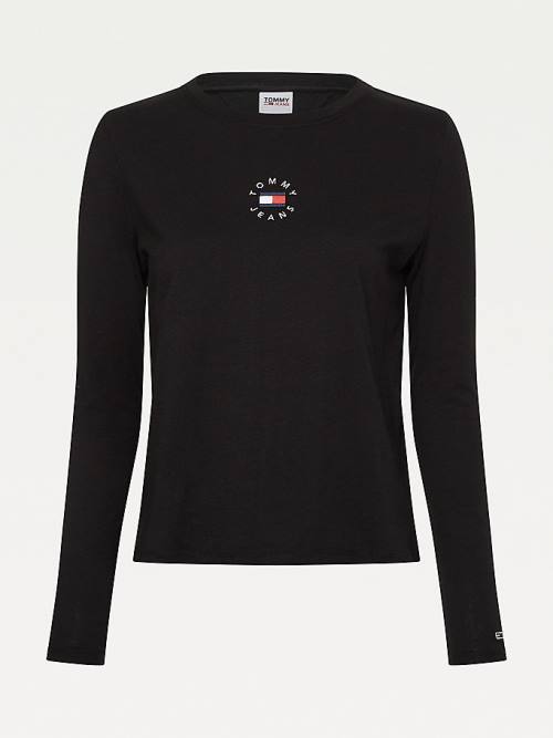 Tommy Hilfiger Long Sleeve Logo Slim Fit Tişört Kadın Siyah | TH785JIB