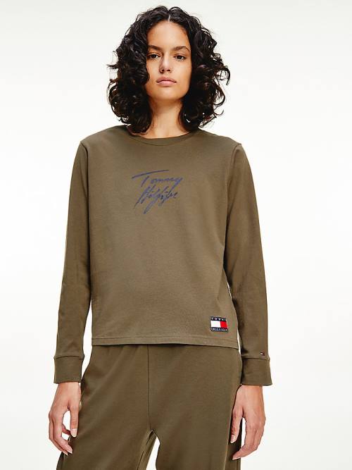 Tommy Hilfiger Long Sleeve Lounge Signature Logo Tişört Kadın Haki | TH416LQE