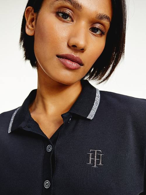 Tommy Hilfiger Long Sleeve Metallic Trim Polo Yaka Tişört Kadın Siyah | TH741WUS