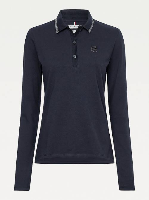 Tommy Hilfiger Long Sleeve Metallic Trim Polo Yaka Tişört Kadın Siyah | TH741WUS