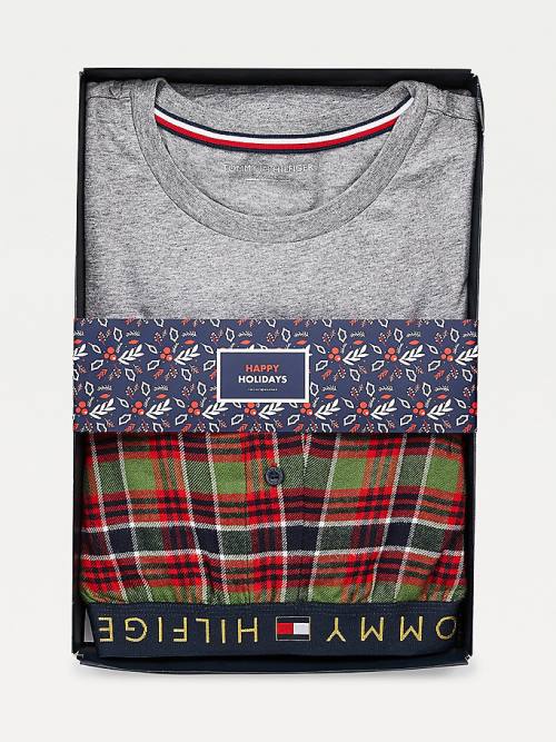 Tommy Hilfiger Long Sleeve Pamuklu Flannel Set Pijama Erkek Gri | TH791BIN