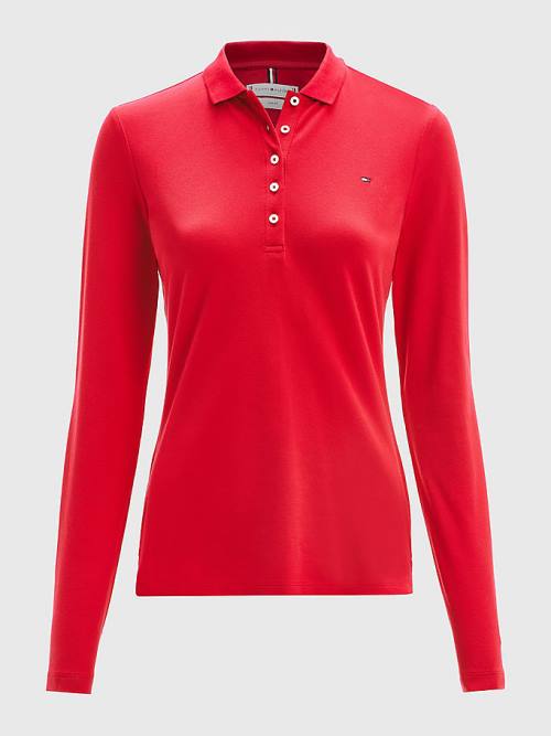 Tommy Hilfiger Long Sleeve Slim Fit Polo Yaka Tişört Kadın Kırmızı | TH518MUB