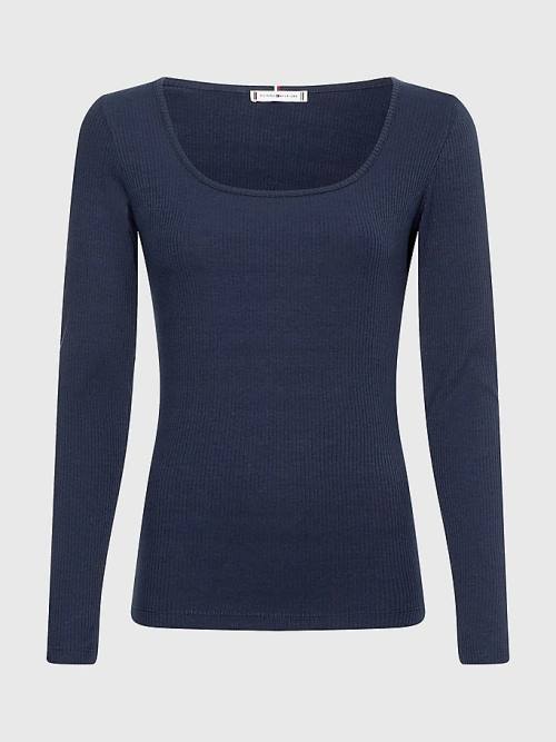 Tommy Hilfiger Long Sleeve Square Neck Slim Fit Tişört Kadın Mavi | TH748OHL