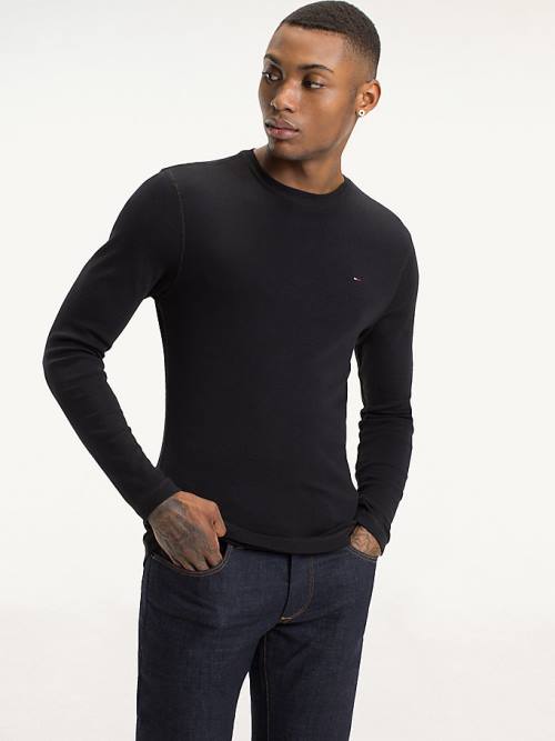 Tommy Hilfiger Long Sleeved Ribbed Organic Pamuklu Tişört Erkek Siyah | TH072ZAM