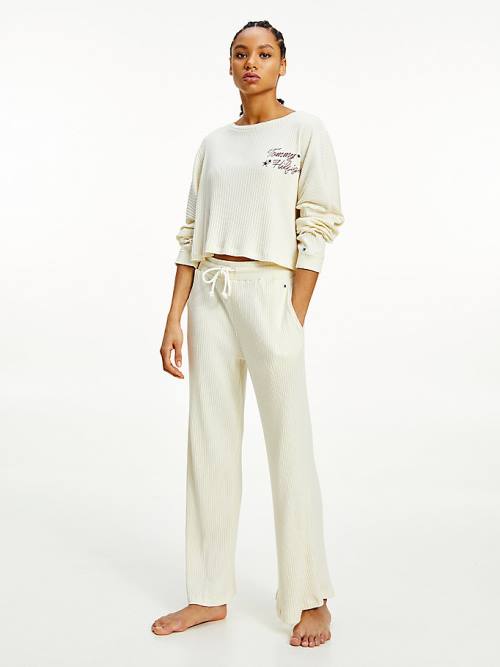 Tommy Hilfiger Lounge Rib-Knit Cropped Long Sleeve Pijama Kadın Beyaz | TH025QMC