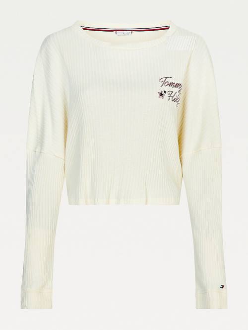 Tommy Hilfiger Lounge Rib-Knit Cropped Long Sleeve Pijama Kadın Beyaz | TH025QMC