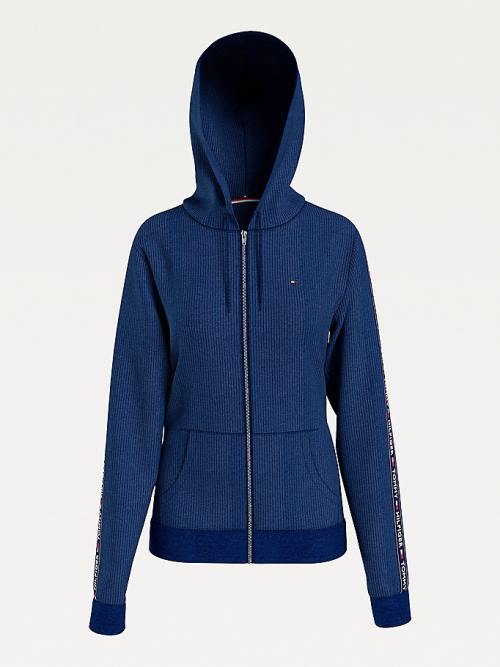 Tommy Hilfiger Lounge Rib-Knit Velour Kapüşonlu Sweatshirt Kadın Mavi | TH839CQT