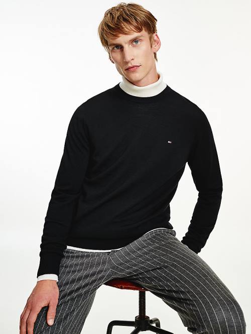 Tommy Hilfiger Merino Wool Crew Neck Jumper Kazak Erkek Siyah | TH476IBQ