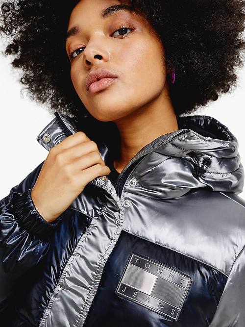 Tommy Hilfiger Metallic Colour-Blocked Down Puffer Ceket Kadın Gri | TH653ZBD