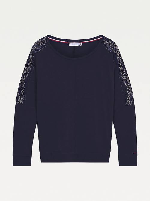 Tommy Hilfiger Metallic Dantel Trim Long Sleeve Pijama Kadın Mavi | TH903ZVH