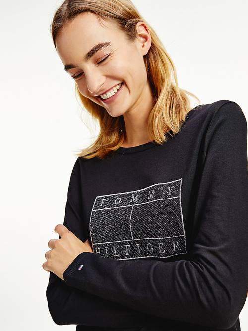 Tommy Hilfiger Metallic Flag Long Sleeve Tişört Kadın Siyah | TH953NJX