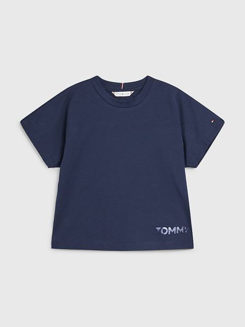 Tommy Hilfiger Metallic Logo Organic Pamuklu Tişört Kiz Çocuk Mavi | TH165JHP