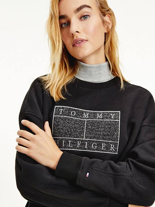 Tommy Hilfiger Metallic Logo Relaxed Crew Neck Sweatshirt Kadın Siyah | TH075JGA