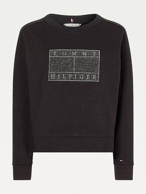 Tommy Hilfiger Metallic Logo Relaxed Crew Neck Sweatshirt Kadın Siyah | TH075JGA