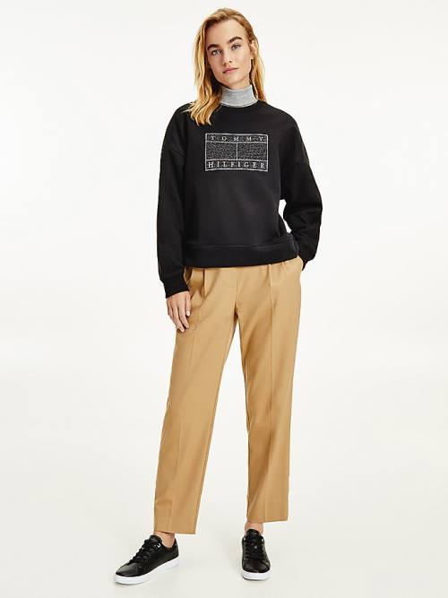 Tommy Hilfiger Metallic Logo Relaxed Crew Neck Sweatshirt Kadın Siyah | TH075JGA