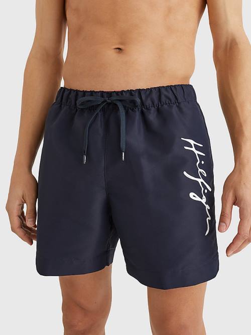 Tommy Hilfiger Mid Cut Cut Cut Length Signature Logo Shorts Mayo Erkek Mavi | TH840DSC