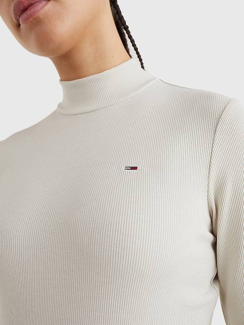 Tommy Hilfiger Mock Neck Long Sleeve Tişört Kadın Bej Rengi | TH923BFM