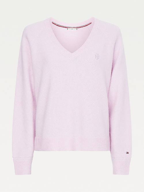 Tommy Hilfiger Monogram Embroidery Relaxed Fit V-Neck Jumper Kazak Kadın Mor | TH019HZA