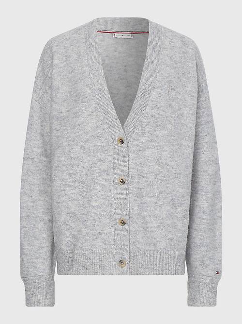 Tommy Hilfiger Monogram Embroidery Relaxed Fit Alpaca Cardigan Kazak Kadın Gri | TH294TZX