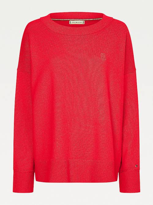 Tommy Hilfiger Monogram Embroidery Relaxed Fit Alpaca Jumper Kazak Kadın Kırmızı | TH496XYT